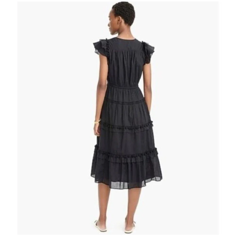 NWT J.Crew Pom-pom Midi in Black Cotton Voile Tiered Dress Size 0 $128 Worn Once